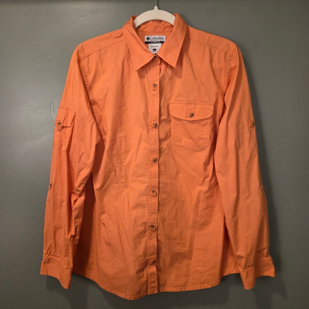 Columbia Women's Long Sleeve Button Up Shirt Roll Tab Sleeves Size L‎ Orange